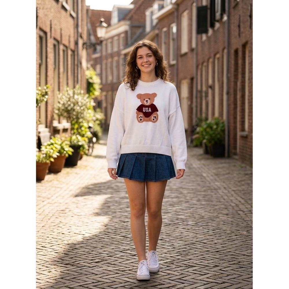 Hollister USA Teddy Bear Intarsia Knit Crewneck Sweater White Medium